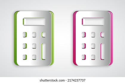 Paper cut Calculator icon isolated on grey background. Accounting symbol. Business calculations mathematics education and finance. Paper art style. Vector