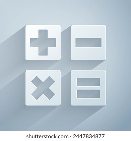 Paper cut Calculator icon isolated on grey background. Accounting symbol. Business calculations mathematics education and finance. Paper art style. Vector Illustration