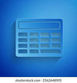 Paper cut Calculator icon isolated on blue background. Accounting symbol. Business calculations mathematics education and finance. Paper art style. Vector Illustration