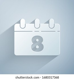 Paper cut Calendar with 8 March icon isolated on grey background. International Happy Women Day. Paper art style. Vector Illustration
