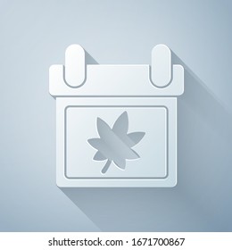 Paper cut Calendar with autumn leaves icon isolated on grey background. Paper art style. Vector Illustration