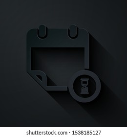 Paper cut Calendar and clock icon isolated on black background. Schedule, appointment, organizer, timesheet, time management, important date. Paper art style. Vector Illustration