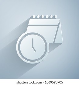 Paper cut Calendar and clock icon isolated on grey background. Schedule, appointment, organizer, timesheet, time management. Paper art style. Vector