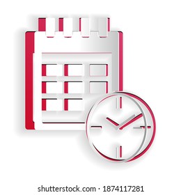Paper cut Calendar and clock icon isolated on white background. Schedule, appointment, organizer, timesheet, time management, important date. Paper art style. Vector.