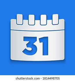 Paper cut Calendar with Halloween date 31 october icon isolated on blue background. Happy Halloween party. Paper art style. Vector
