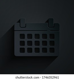 Icono de calendario de corte de papel aislado en fondo negro. Símbolo del recordatorio de evento. Estilo de arte de papel. Ilustración vectorial
