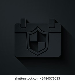 Paper cut Calendar with shield icon isolated on black background. Insurance concept. Guard sign. Security, safety, protection, privacy concept. Paper art style. Vector