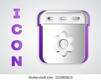 Cortar papel Icono de resorte del calendario aislado en fondo gris. Símbolo del recordatorio de evento. Estilo de arte de papel. Vector