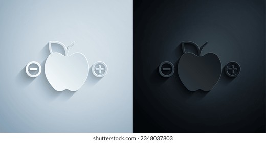 Paper cut Calorie calculator icon isolated on isolated on grey and black background. Calorie count. Diet. Weight loss. Portion control. Healthy eating. Dietary nutrition. Paper art style. Vector