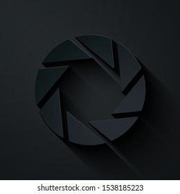Paper cut Camera shutter icon isolated on black background. Paper art style. Vector Illustration