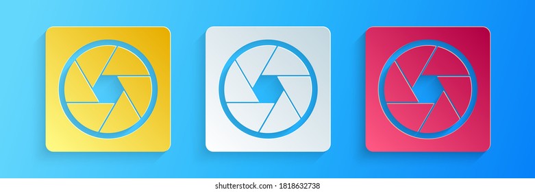 Paper cut Camera shutter icon isolated on blue background. Paper art style. Vector.