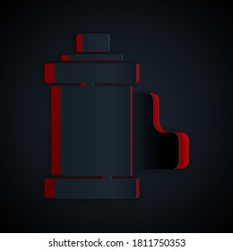 Paper cut Camera vintage film roll cartridge icon isolated on black background. 35mm film canister. Filmstrip photographer equipment. Paper art style. Vector.
