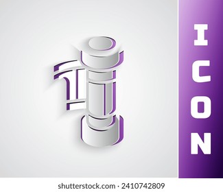 Paper cut Camera vintage film roll cartridge icon isolated on grey background. 35mm film canister. Filmstrip photographer equipment. Paper art style. Vector