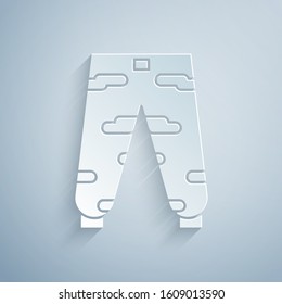 Paper cut Camouflage cargo pants icon isolated on grey background. Paper art style. Vector Illustration