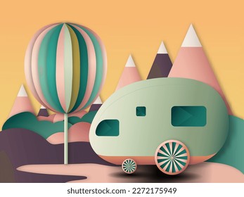 Paper Cut Camper Van Against Colorful Mountain Landscape Background.