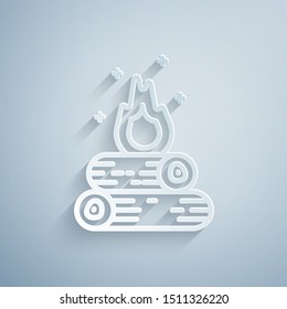 Paper cut Campfire icon isolated on grey background. Burning bonfire with wood. Paper art style. Vector Illustration