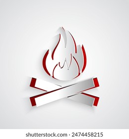 Paper cut Campfire icon isolated on grey background. Burning bonfire with wood. Paper art style. Vector Illustration