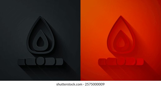 Paper cut Campfire icon isolated on black and red background. Burning bonfire with wood. Paper art style. Vector