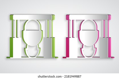 Paper cut Campfire and pot icon isolated on grey background. Fire camping cooking in cauldron on firewood and flame. Paper art style. Vector