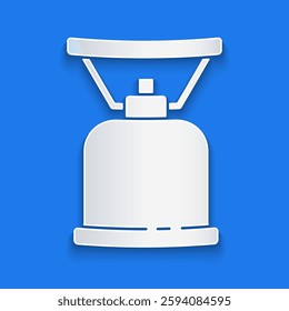 Paper cut Camping gas stove icon isolated on blue background. Portable gas burner. Hiking, camping equipment. Paper art style. Vector