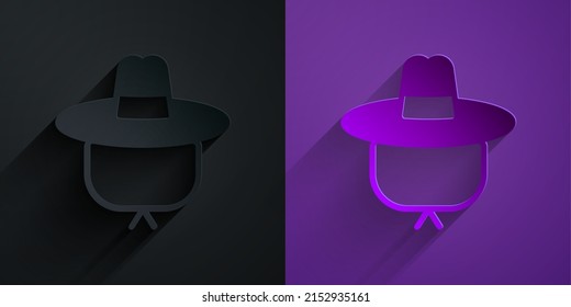 Paper cut Camping hat icon isolated on black on purple background. Beach hat panama. Explorer travelers hat for hunting, hiking, tourism. Paper art style. Vector