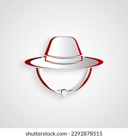 Paper cut Camping hat icon isolated on grey background. Beach hat panama. Explorer travelers hat for hunting, hiking, tourism. Paper art style. Vector