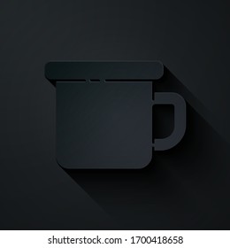Paper cut Camping metal mug icon isolated on black background. Paper art style. Vector Illustration
