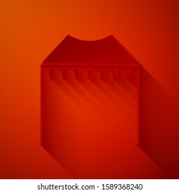 Paper cut Camping tent icon isolated on red background. Carnival camping tent. Amusement park. Paper art style. Vector Illustration