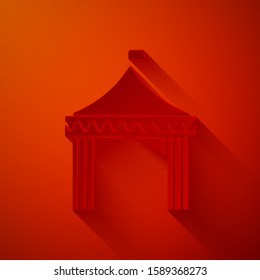 Paper cut Camping tent icon isolated on red background. Carnival camping tent. Amusement park. Paper art style. Vector Illustration