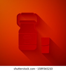 Paper cut Can container for milk and glass icon isolated on red background. Paper art style. Vector Illustration