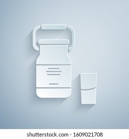 Paper cut Can container for milk and glass icon isolated on grey background. Paper art style. Vector Illustration