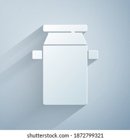 Paper cut Can container for milk icon isolated on grey background. Paper art style. Vector