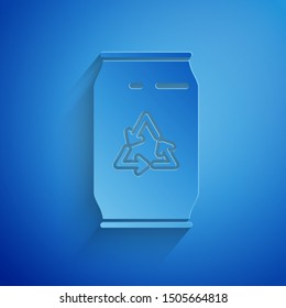 Paper cut Can with recycle symbol and can icon isolated on blue background. Trash can icon. Garbage bin sign. Recycle basket sign. Paper art style. Vector Illustration
