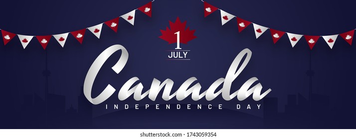 Fonte Canadá com cores nacionais Bandeiras de Bunting, Silhueta CN Tower e outros edifícios no fundo azul para 1º de julho Dia da Independência.
