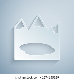 Paper cut Canadian landscape with mountains and lake icon isolated on grey background. Paper art style. Vector.