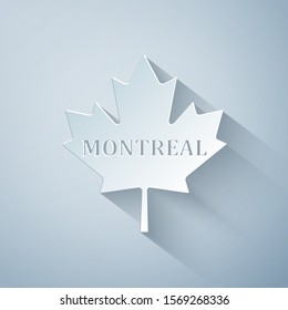 Paper cut Canadian maple leaf with city name Montreal icon isolated on grey background. Paper art style. Vector Illustration