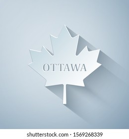 Paper cut Canadian maple leaf with city name Ottawa icon isolated on grey background. Paper art style. Vector Illustration