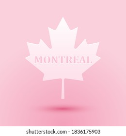Paper cut Canadian maple leaf with city name Montreal icon isolated on pink background. Paper art style. Vector.