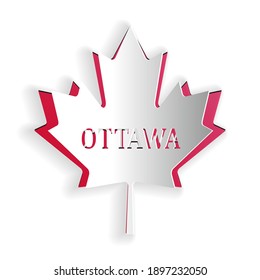 Paper cut Canadian maple leaf with city name Ottawa icon isolated on white background. Paper art style. Vector.