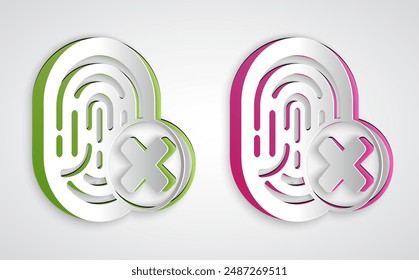 Paper cut Cancelled fingerprint icon isolated on grey background. Access denied for user concept. Error, fraud. Identification sign. Touch id. Paper art style. Vector
