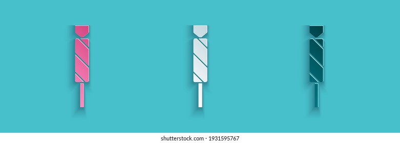 Icono de Candy de corte de papel aislado en fondo azul. Estilo de arte de papel. Vector