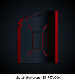Paper cut Canister for gasoline icon isolated on black background. Diesel gas icon. Paper art style. Vector Illustration