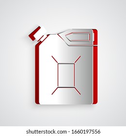 Paper cut Canister for gasoline icon isolated on grey background. Diesel gas icon. Paper art style. Vector Illustration