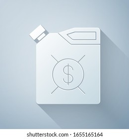 Papierschnitt-Kanister für Maschinenöl-Symbol einzeln auf grauem Hintergrund. Ölgallon. Ölwechselservice und -reparatur. Motorölzeichen Kunststil aus Papier. Vektorillustration-Illustration