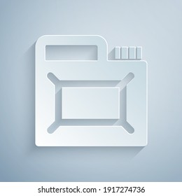 Paper cut Canister for motor machine oil icon isolated on grey background. Oil gallon. Oil change service and repair. Engine oil sign. Paper art style. Vector.