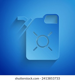 Paper cut Canister for motor machine oil icon isolated on blue background. Oil gallon. Oil change service and repair. Engine oil sign. Paper art style. Vector Illustration