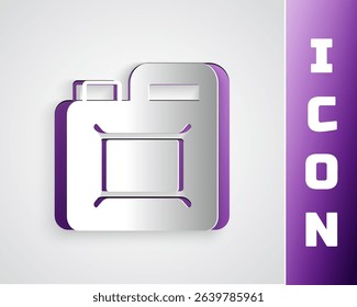 Paper cut Canister for motor machine oil icon isolated on grey background. Oil gallon. Oil change service and repair. Engine oil sign. Paper art style. Vector