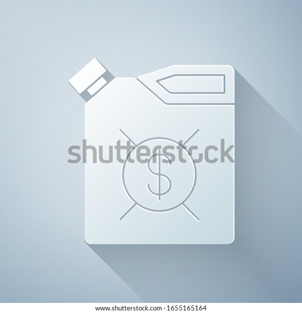 Paper cut\
Canister for motor machine oil icon isolated on grey background.\
Oil gallon. Oil change service and repair. Engine oil sign. Paper\
art style. Vector\
Illustration