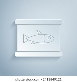 Paper cut Canned fish icon isolated on grey background. Paper art style. Vector