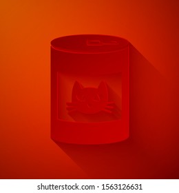 Paper cut Canned food for cat icon isolated on red background. Food for animals. Pet dog food can. Paper art style. Vector Illustration